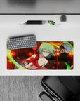 Sunset orange and deep-shadow anime girl mouse pad 28x12 inches with neon green accents and crisp linework.