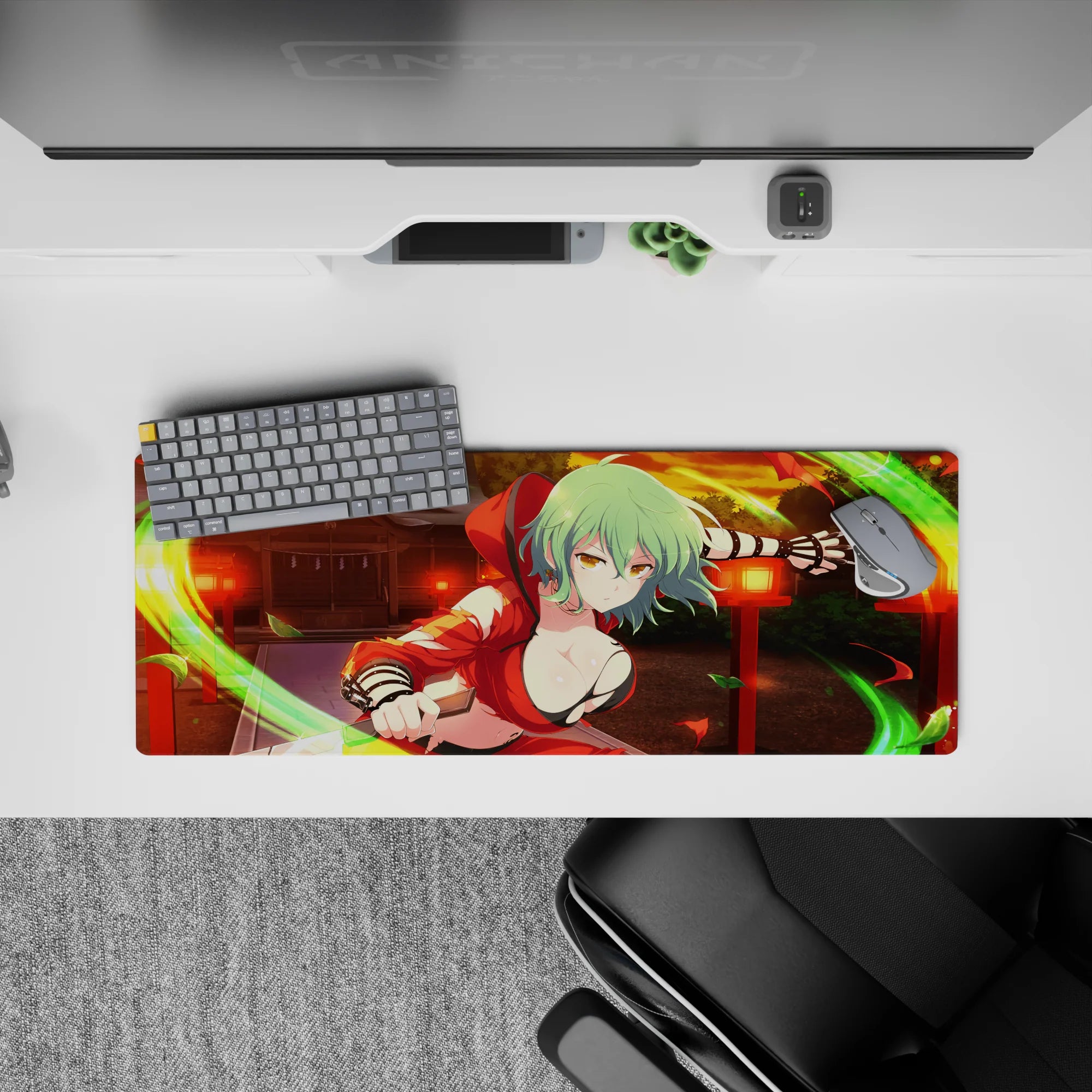 Anime girl mouse pad 32x12 inches in warm sunset oranges, deep shadows, and glowing lantern mood.