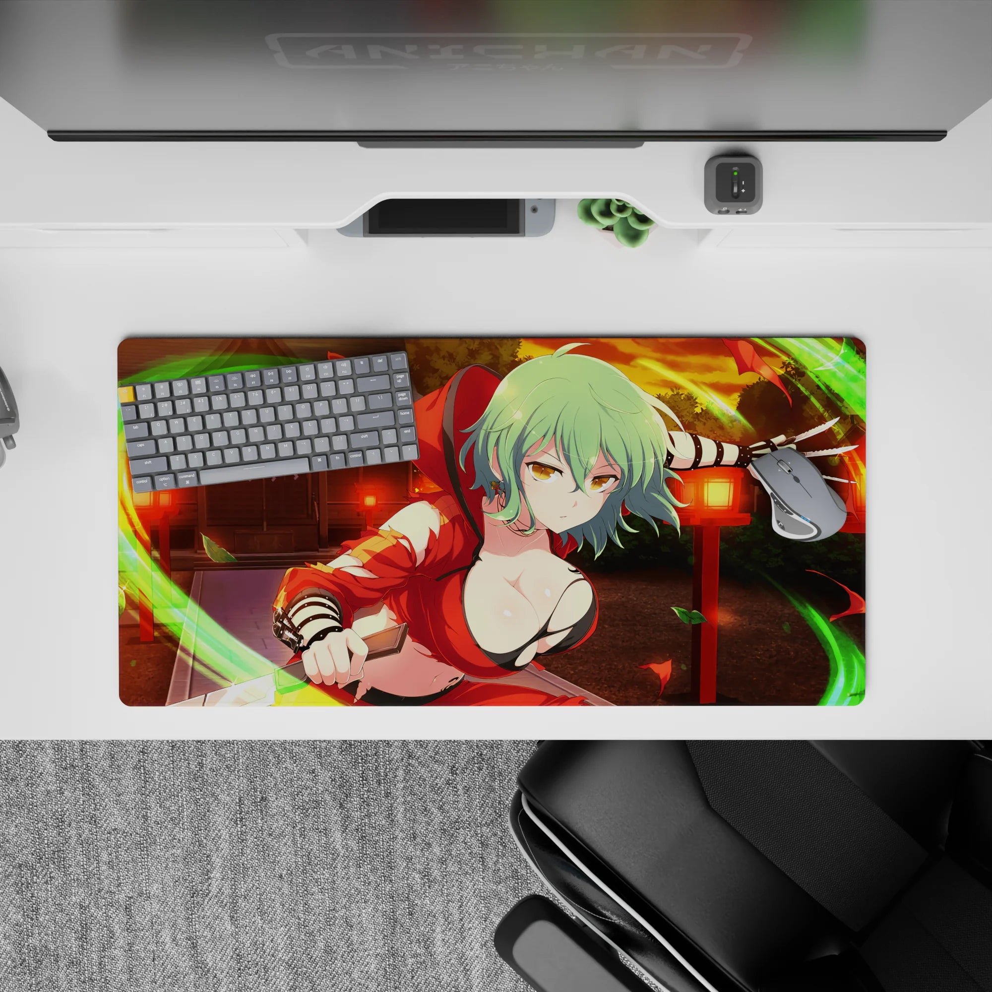 Anime girl mouse pad 32x16 inches in warm sunset oranges, deep shadows, and crisp neon green accents.
