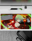 Anime girl mouse pad 32x16 inches in warm sunset oranges, deep shadows, and crisp neon green accents.