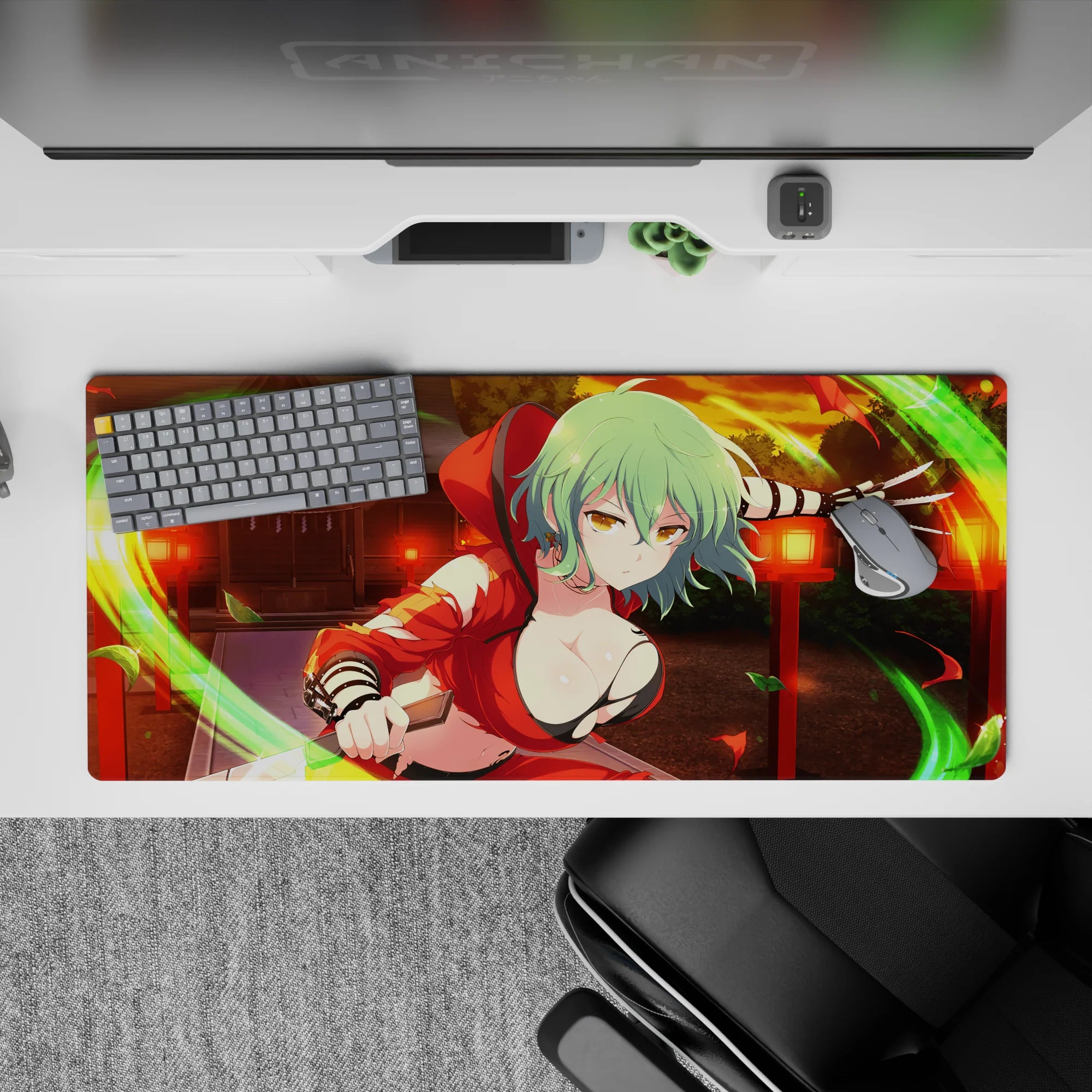 Sunset orange anime desk pad 36x16 inches with neon green wind streaks, deep shadows, crisp linework.