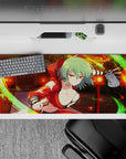Sunset orange anime desk pad 36x16 inches with neon green wind streaks, deep shadows, crisp linework.