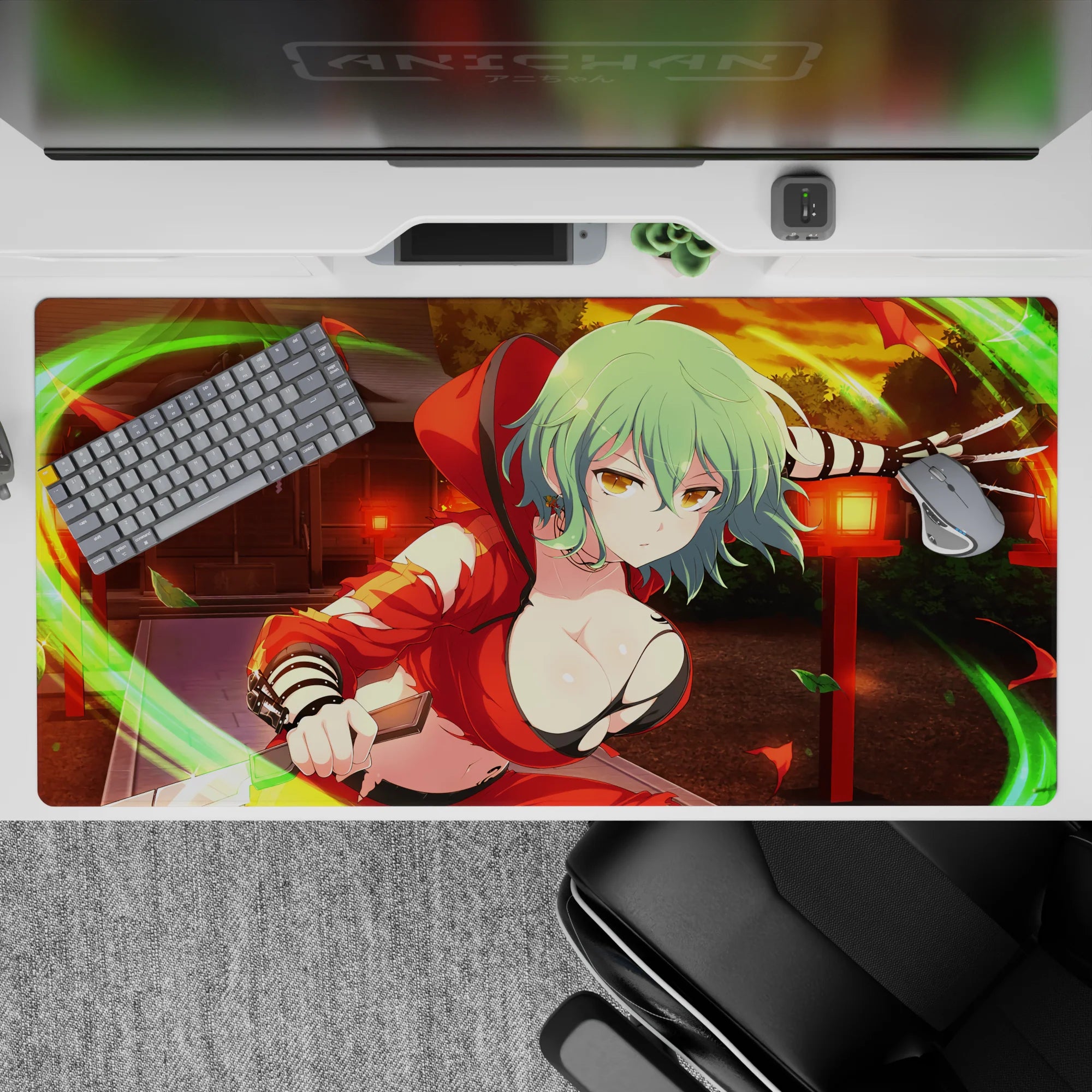40x20 inches anime desk pad in warm sunset oranges, deep shadows, neon green wind arcs and leaves.
