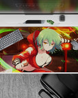 40x20 inches anime desk pad in warm sunset oranges, deep shadows, neon green wind arcs and leaves.