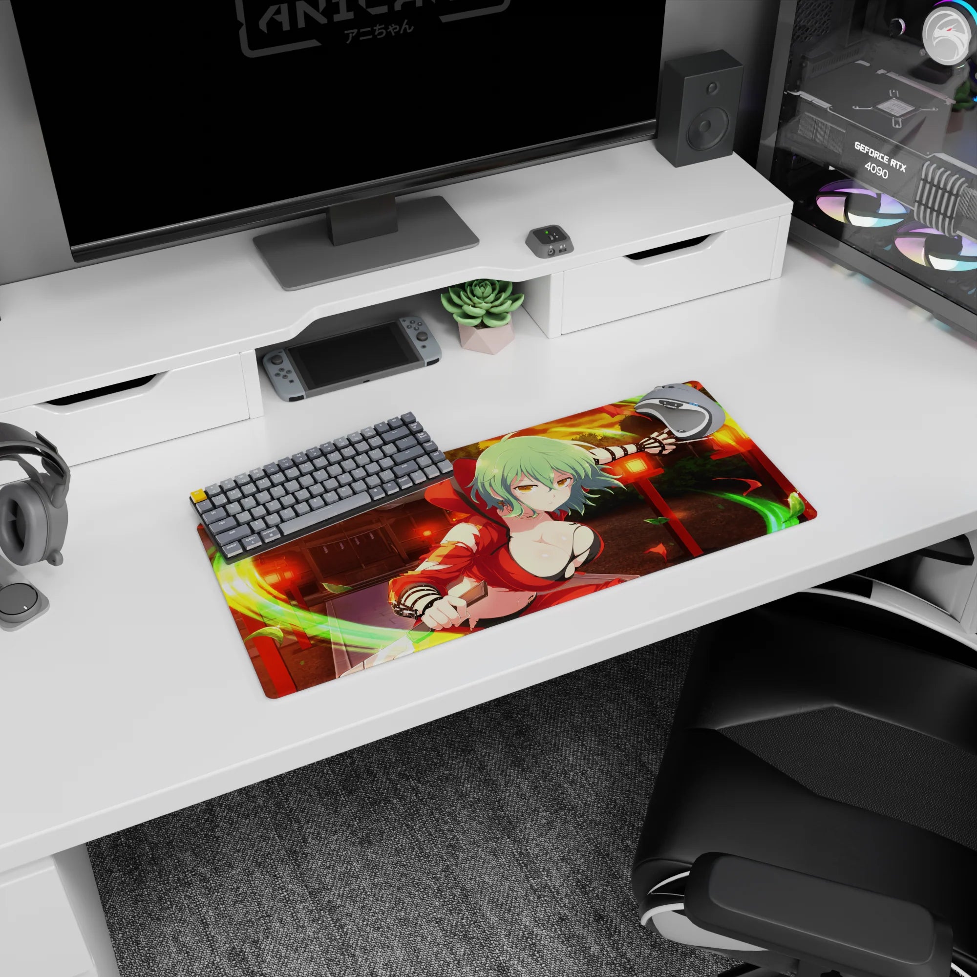 Mint-green haired anime girl in red lunging forward on a mouse pad 28x12 inches with glowing lanterns.