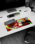 Mint-green haired anime girl in red lunging forward on a mouse pad 28x12 inches with glowing lanterns.