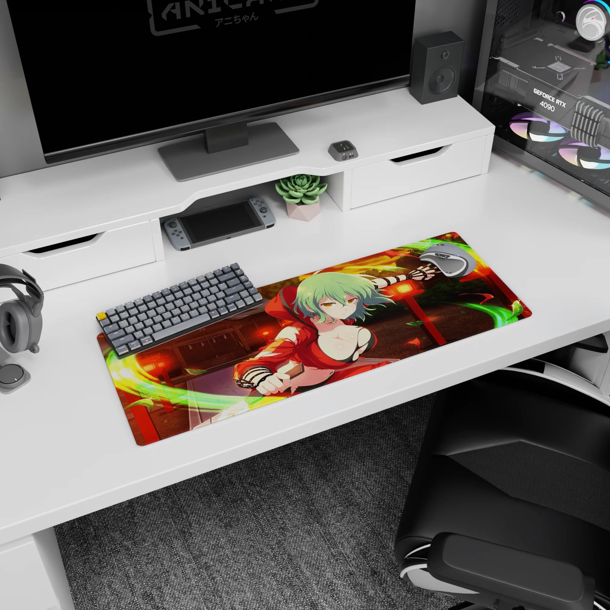 Anime girl mouse pad 32x12 inches featuring mint-green haired girl in red lunging through leaves and wind.