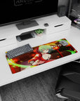 Anime girl mouse pad 32x12 inches featuring mint-green haired girl in red lunging through leaves and wind.