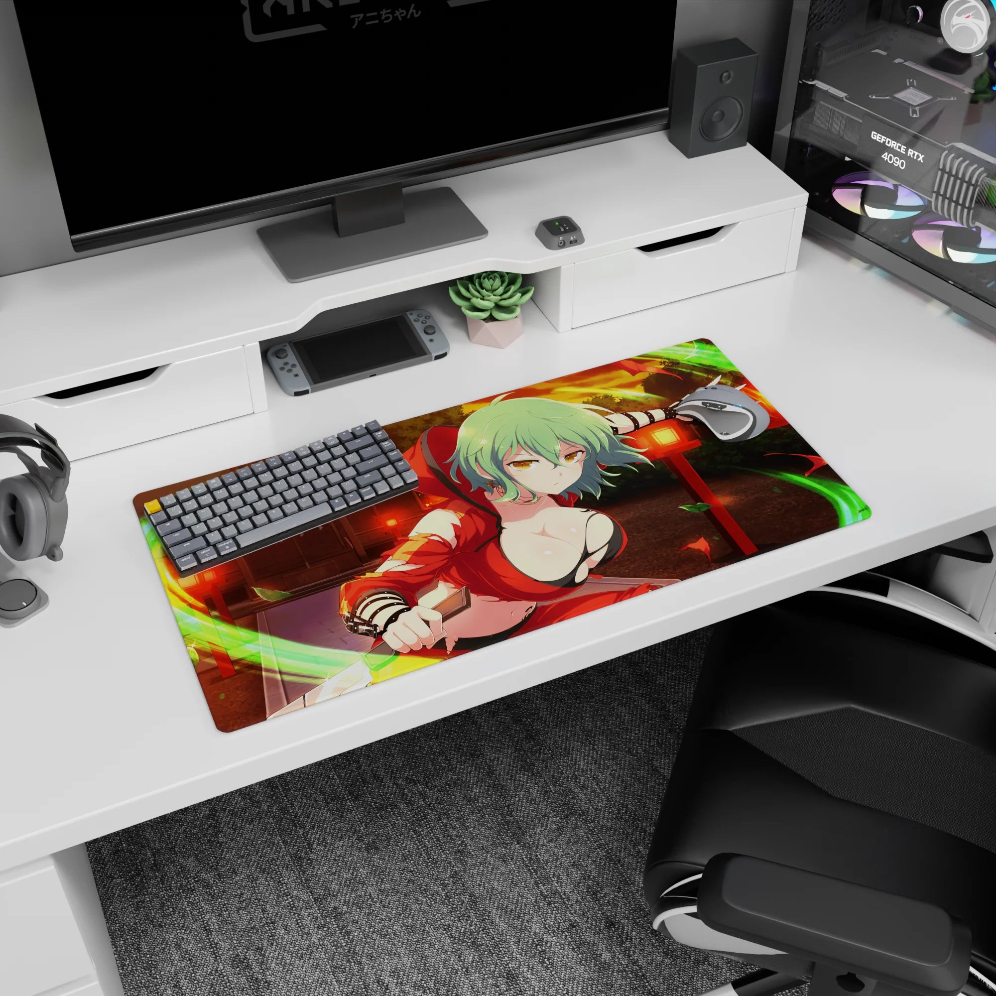 Anime girl mouse pad 32x16 inches showing mint-green haired girl lunging in red, leaves flying by lanterns.