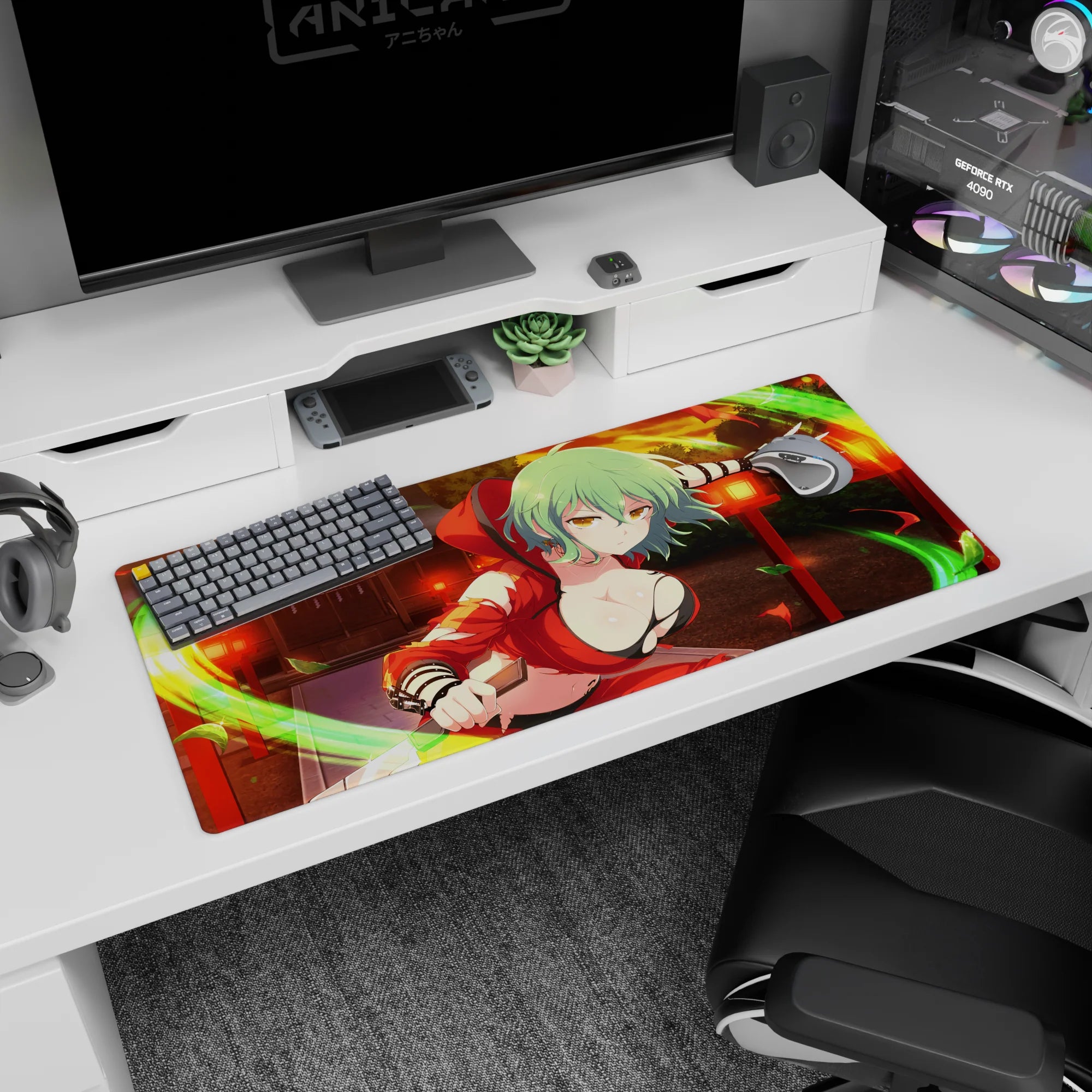 Mint-green haired anime girl lunging in shrine yard on desk pad 36x16 inches, glowing lanterns and leaves.