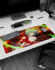 Mint-green haired anime girl lunging in shrine yard on desk pad 36x16 inches, glowing lanterns and leaves.
