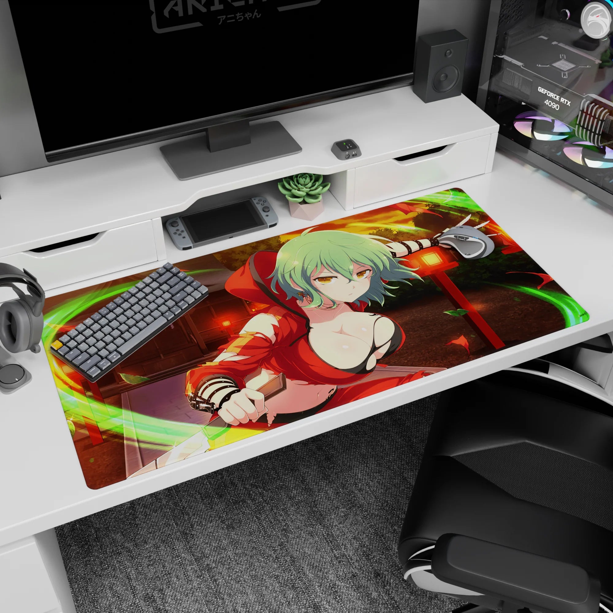 40x20 inches anime girl desk pad showing green-haired girl lunging forward in shrine yard under lanterns.