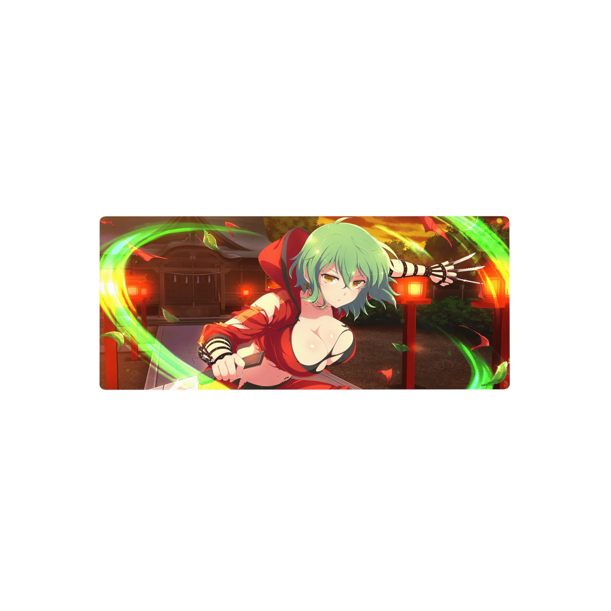 Anime girl mouse pad 28x12 inches with shrine lantern backdrop, green wind arcs, and flying leaves.