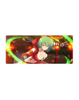 Anime girl mouse pad 28x12 inches with shrine lantern backdrop, green wind arcs, and flying leaves.