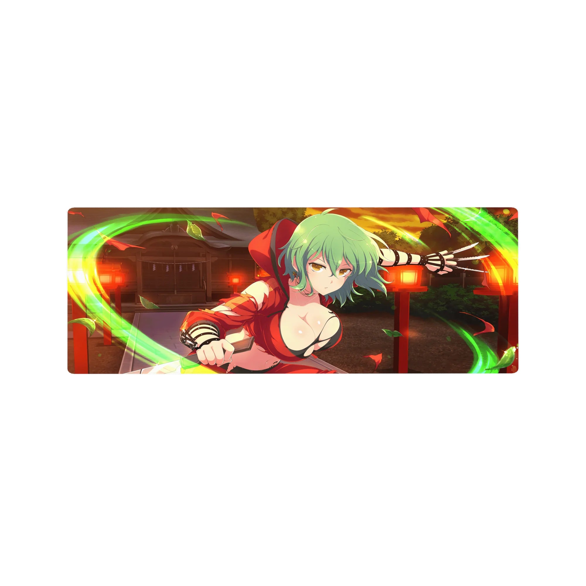 Anime girl mouse pad 32x12 inches with mint-green hair assassin pose, lantern backdrop, neon wind arcs.