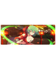 Anime girl mouse pad 32x12 inches with mint-green hair assassin pose, lantern backdrop, neon wind arcs.