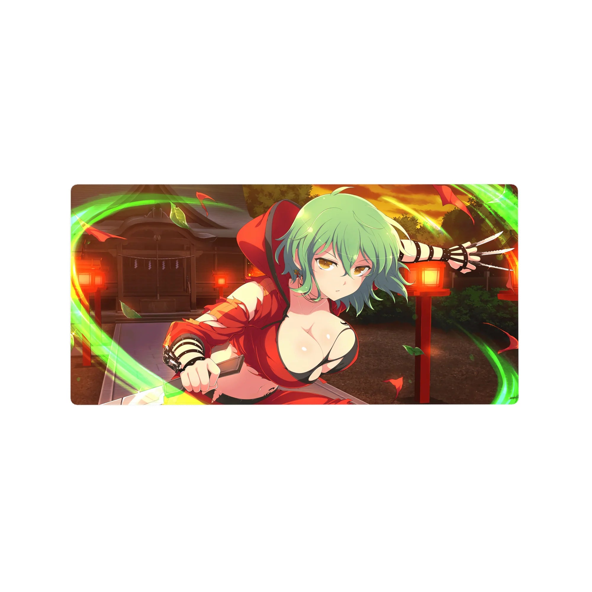 Anime girl mouse pad 32x16 inches with mint-green hair assassin pose, lantern backdrop, neon wind arcs.