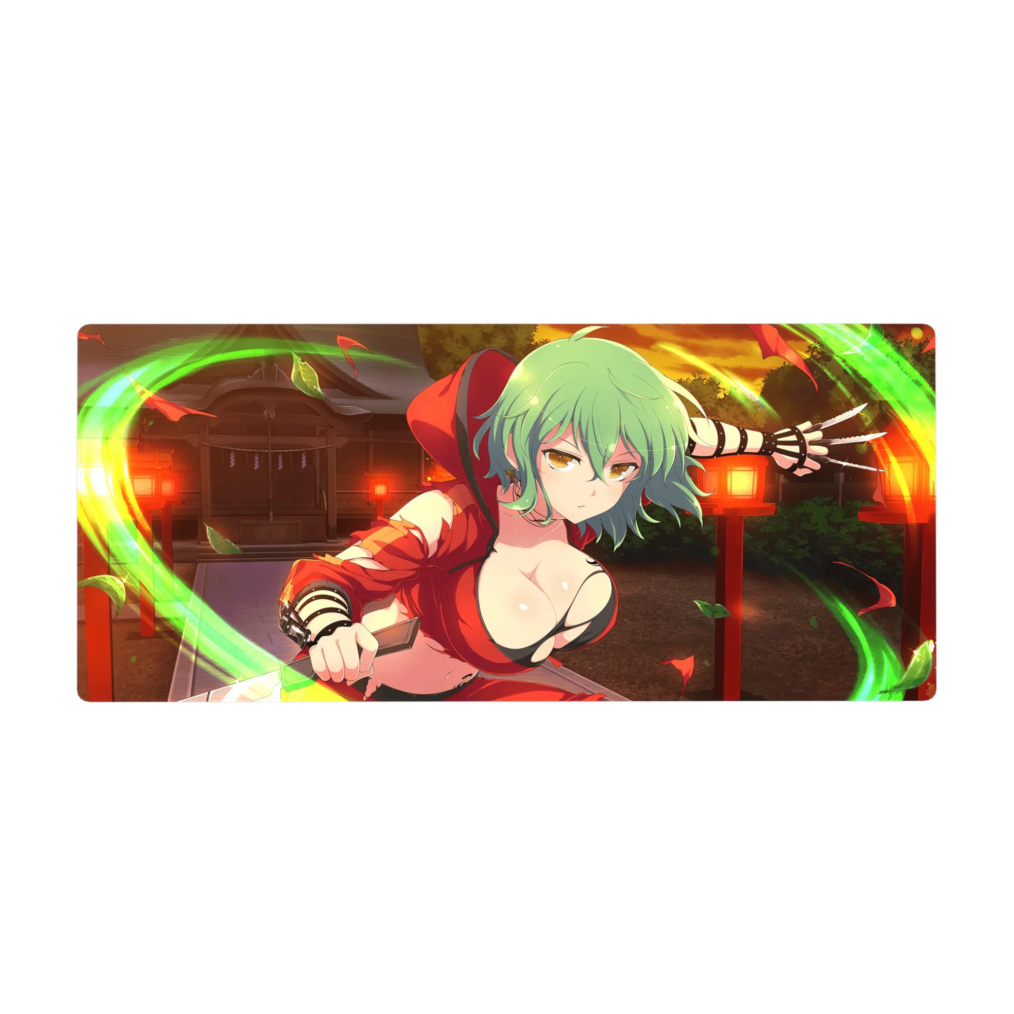 Anime girl desk pad 36x16 inches with mint-green hair, red outfit, lantern backdrop and wind arcs.