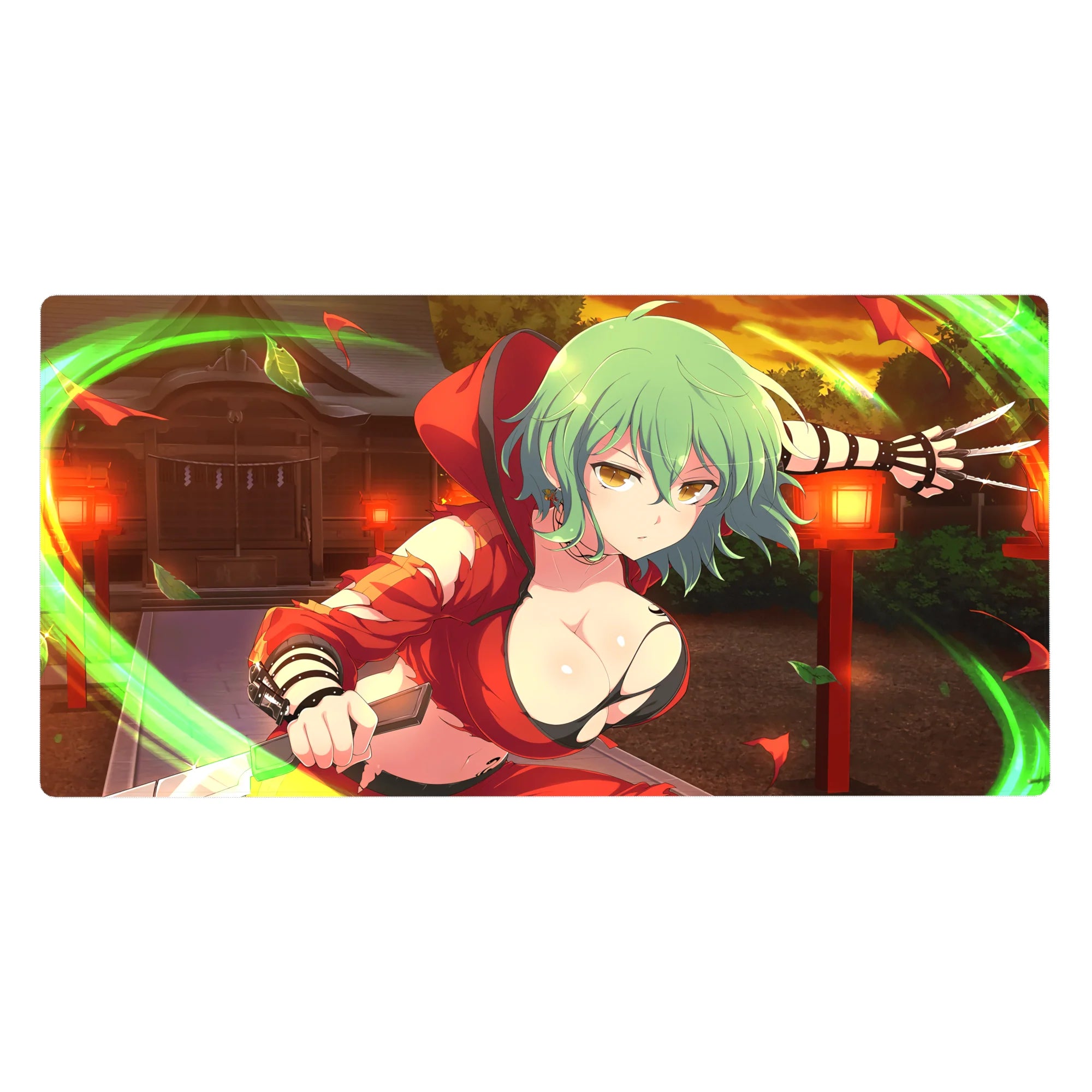 Anime girl desk pad 40x20 inches with mint-green haired assassin, red outfit, lantern shrine backdrop.