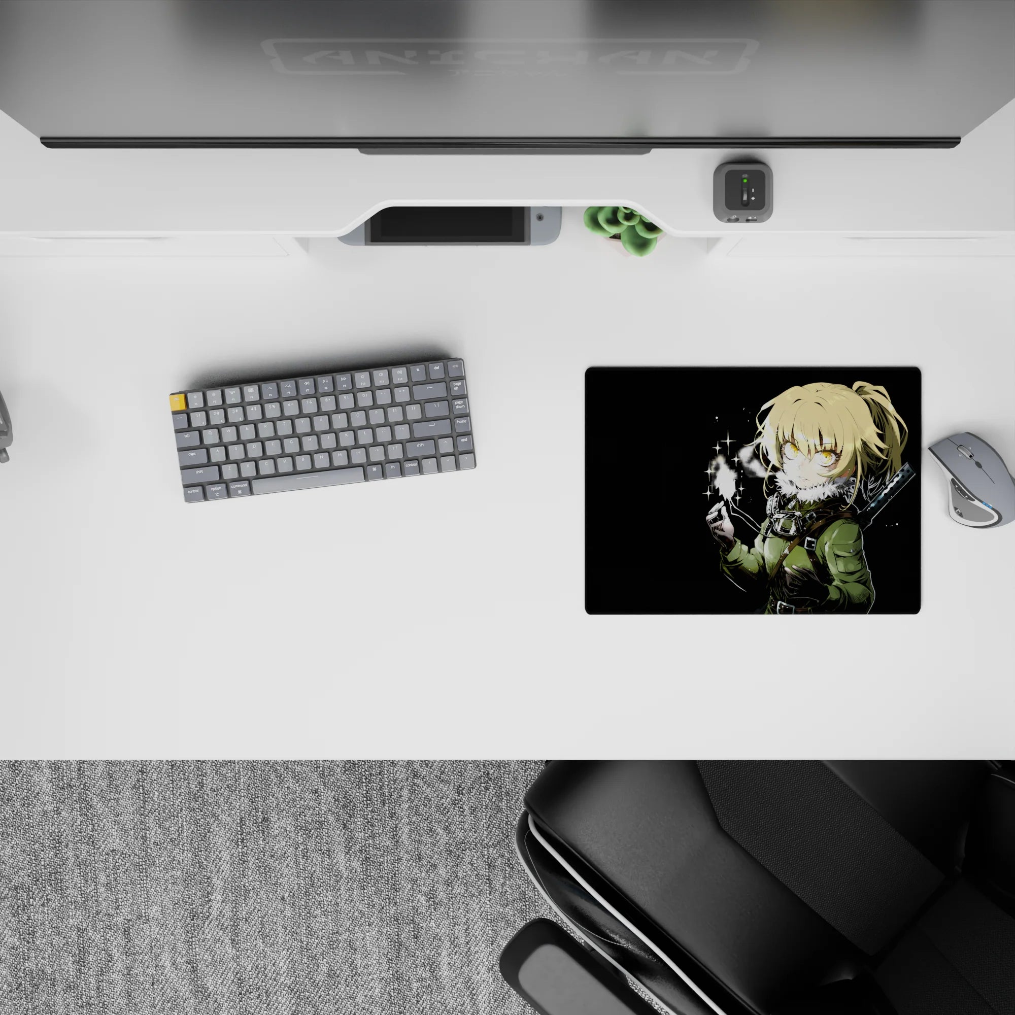 Winter noir anime mouse pad 14x10 inches, deep black with golden eyes and a warm spark glow.