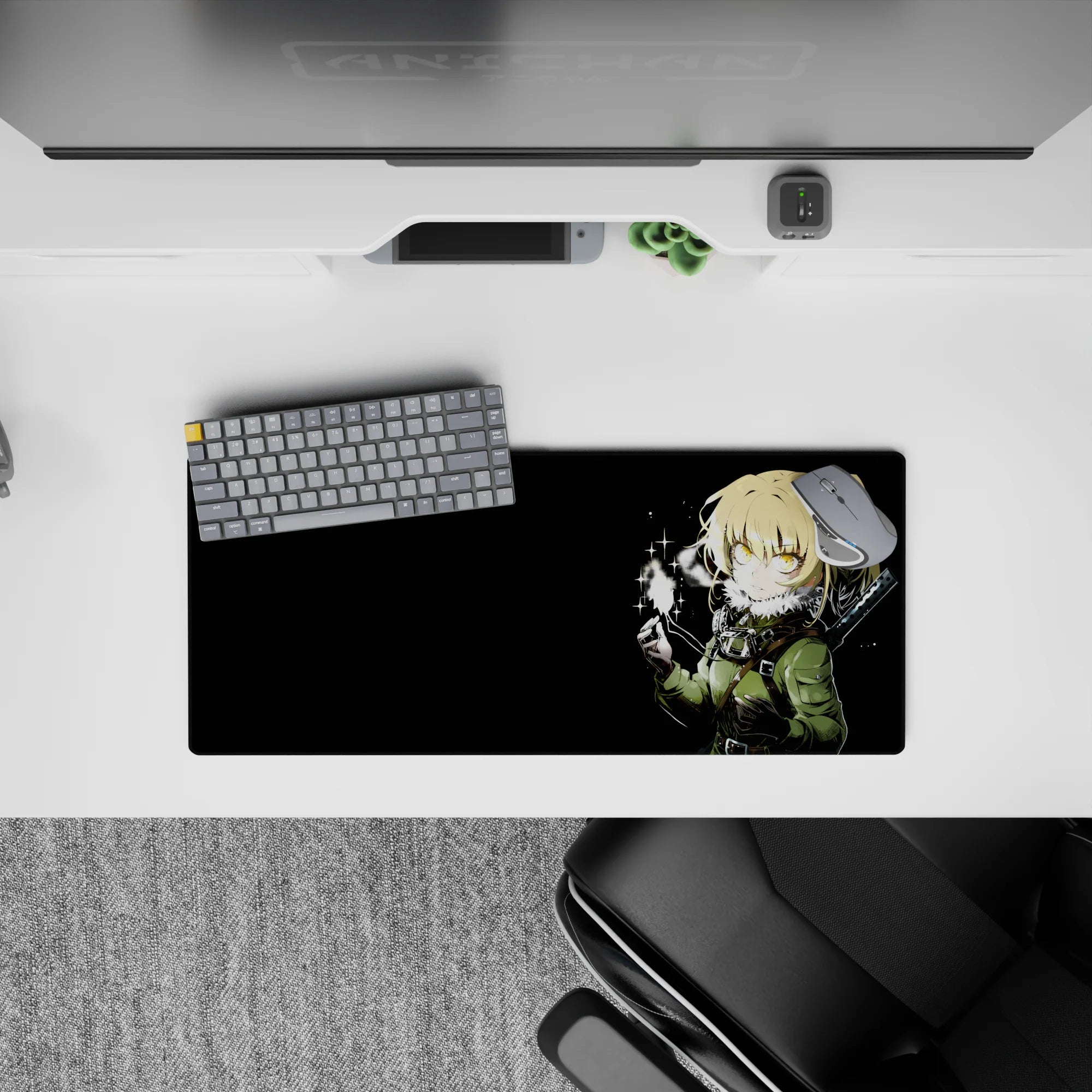 28x12 inches black anime mouse pad with gold eyes, olive tones, and a quiet winter vibe with fiery glow.