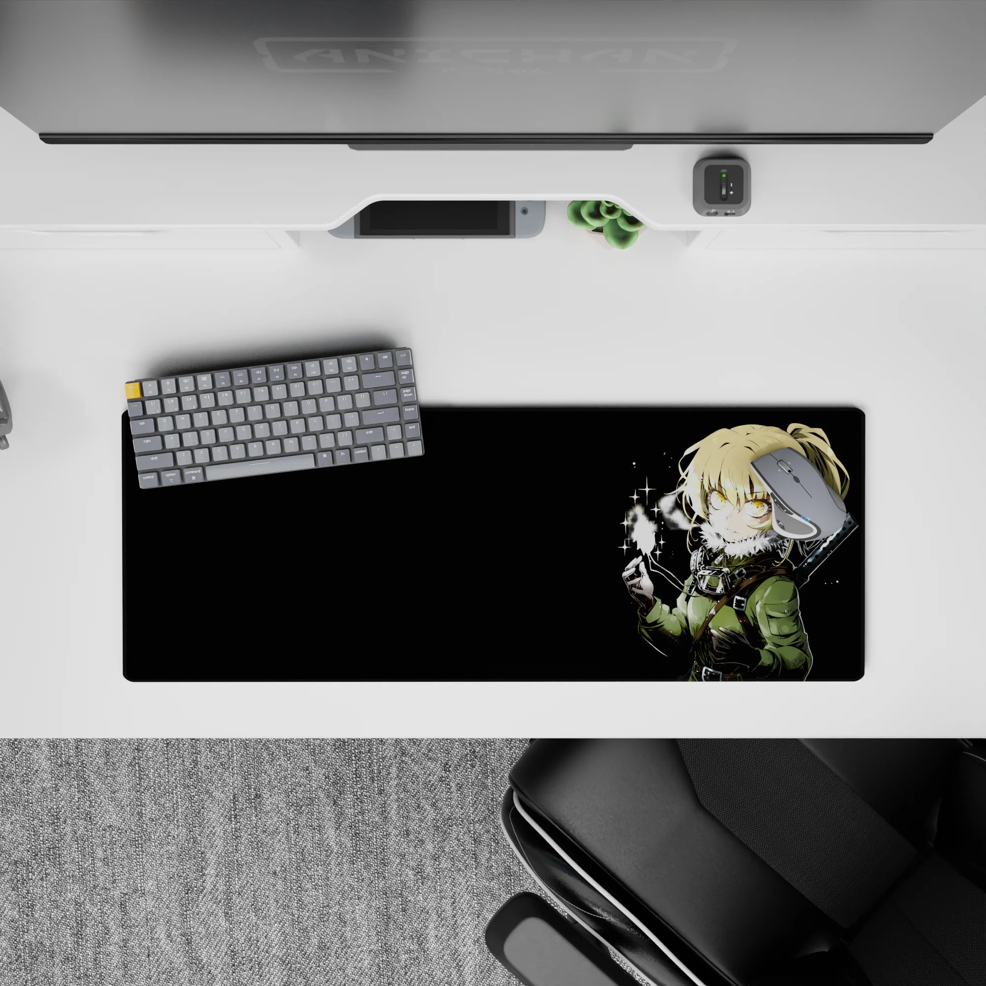 32x12 inches black anime desk mouse pad with golden-eyed blonde, winter blush, and twinkling star spark.