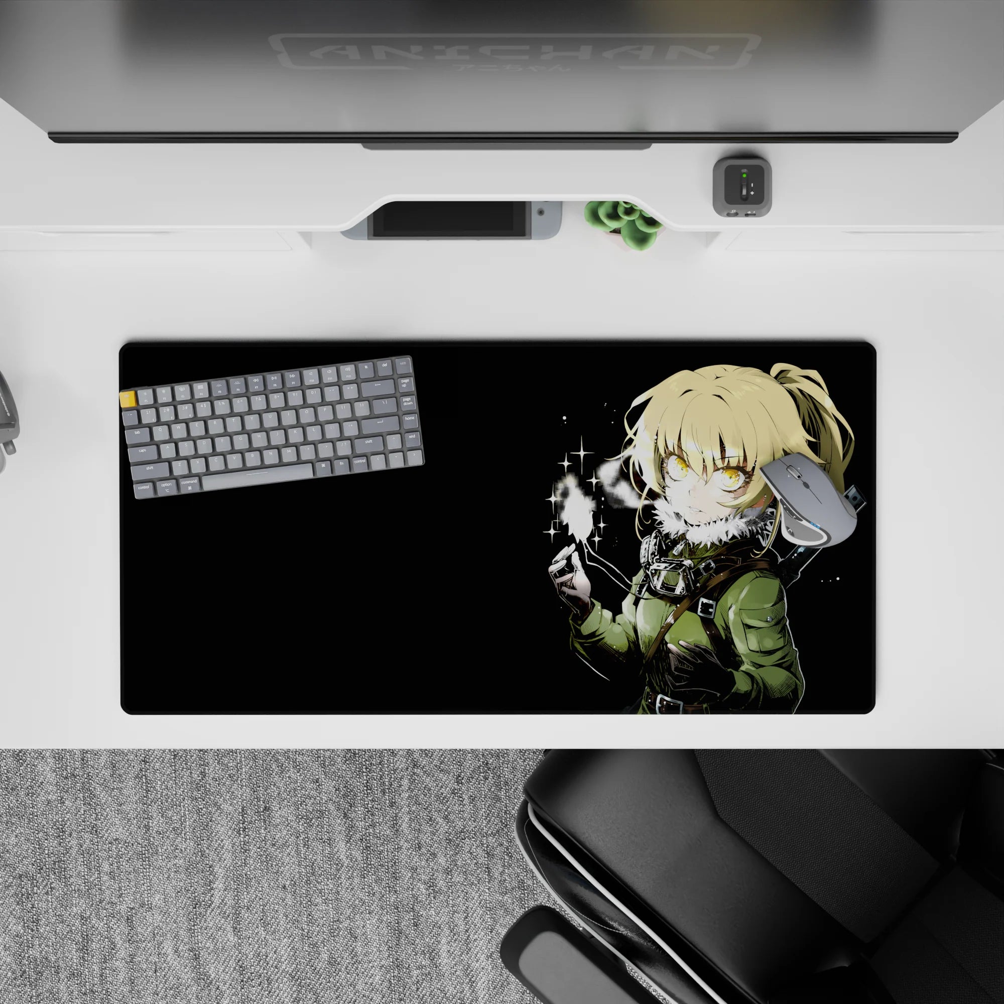 32x16 inches black anime mouse pad with golden eyes glow, winter blush cheeks, starry spark mood.
