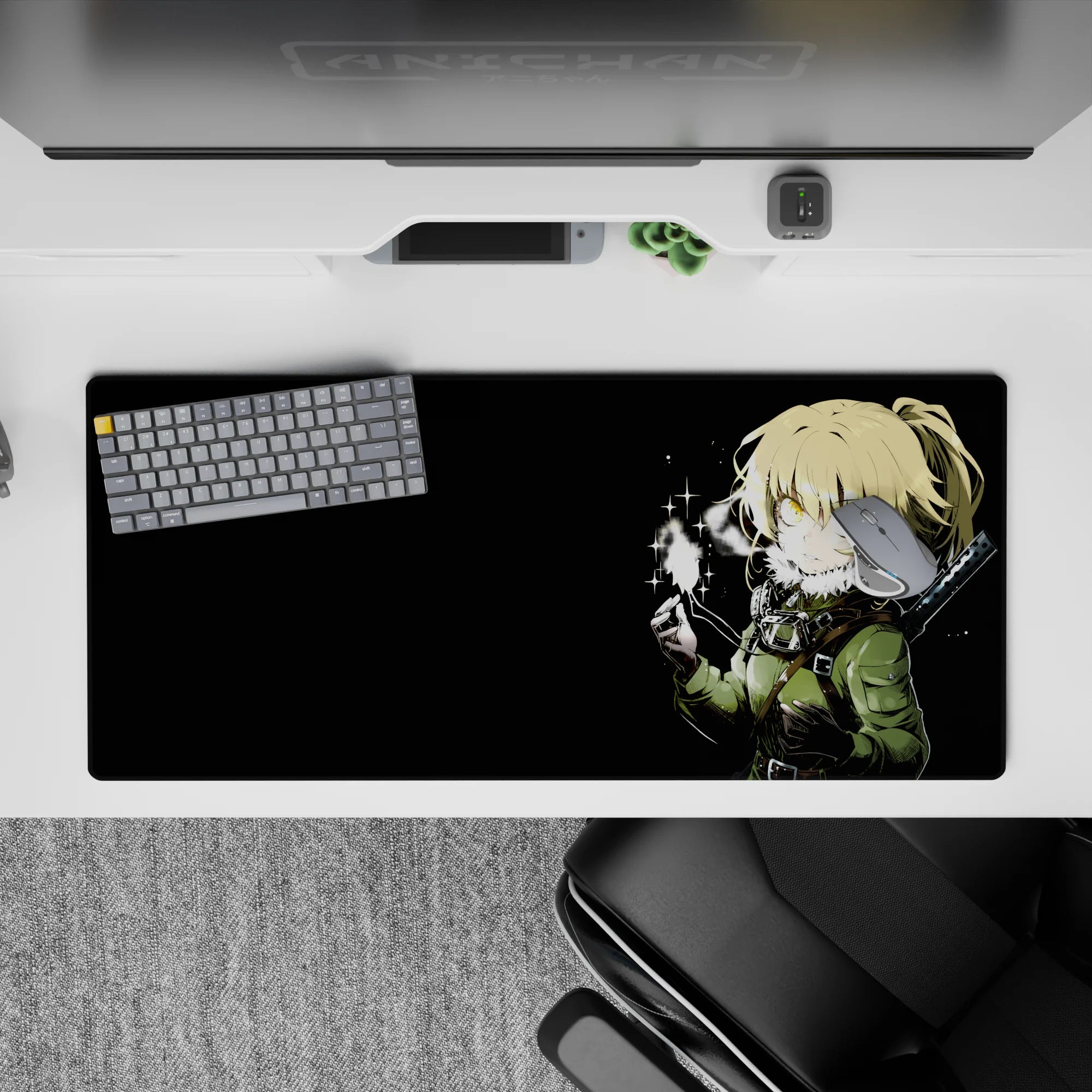 Dark winter anime desk pad 36x16 inches in deep black with golden glow eyes and starry spark mood.