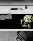 Dark winter anime desk pad 36x16 inches in deep black with golden glow eyes and starry spark mood.
