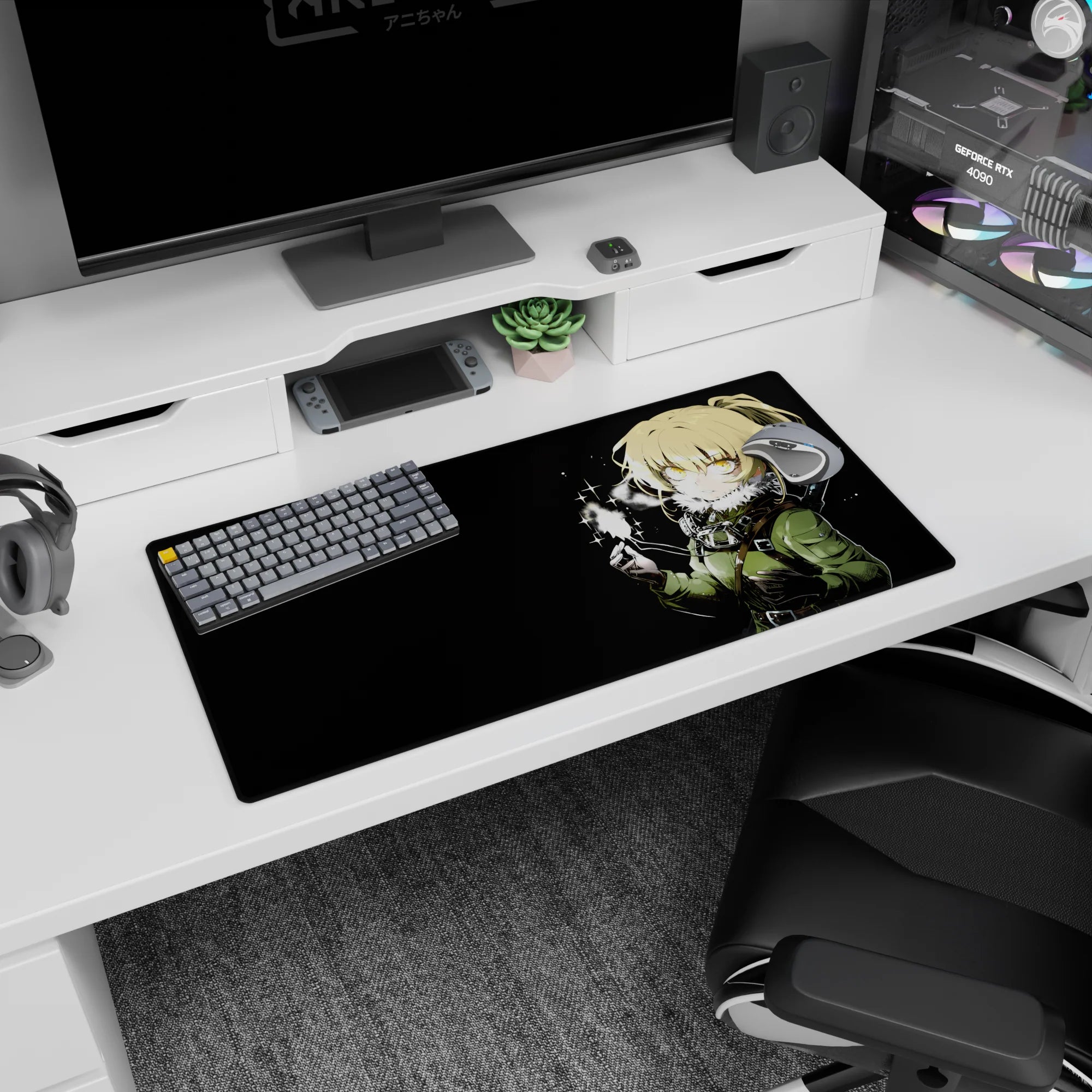32x16 inches anime girl desk mat showing blonde warrior in fuzzy-collar jacket holding a tiny spark.
