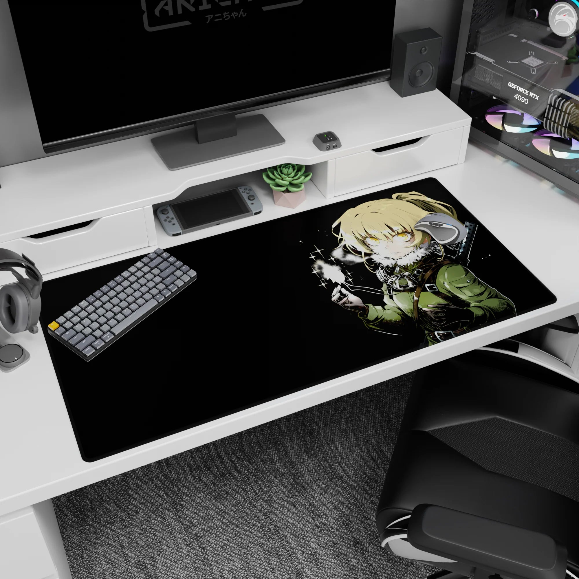 Blonde anime warrior on desk pad 40x20 inches holding a tiny starry spark, harness details and blade.