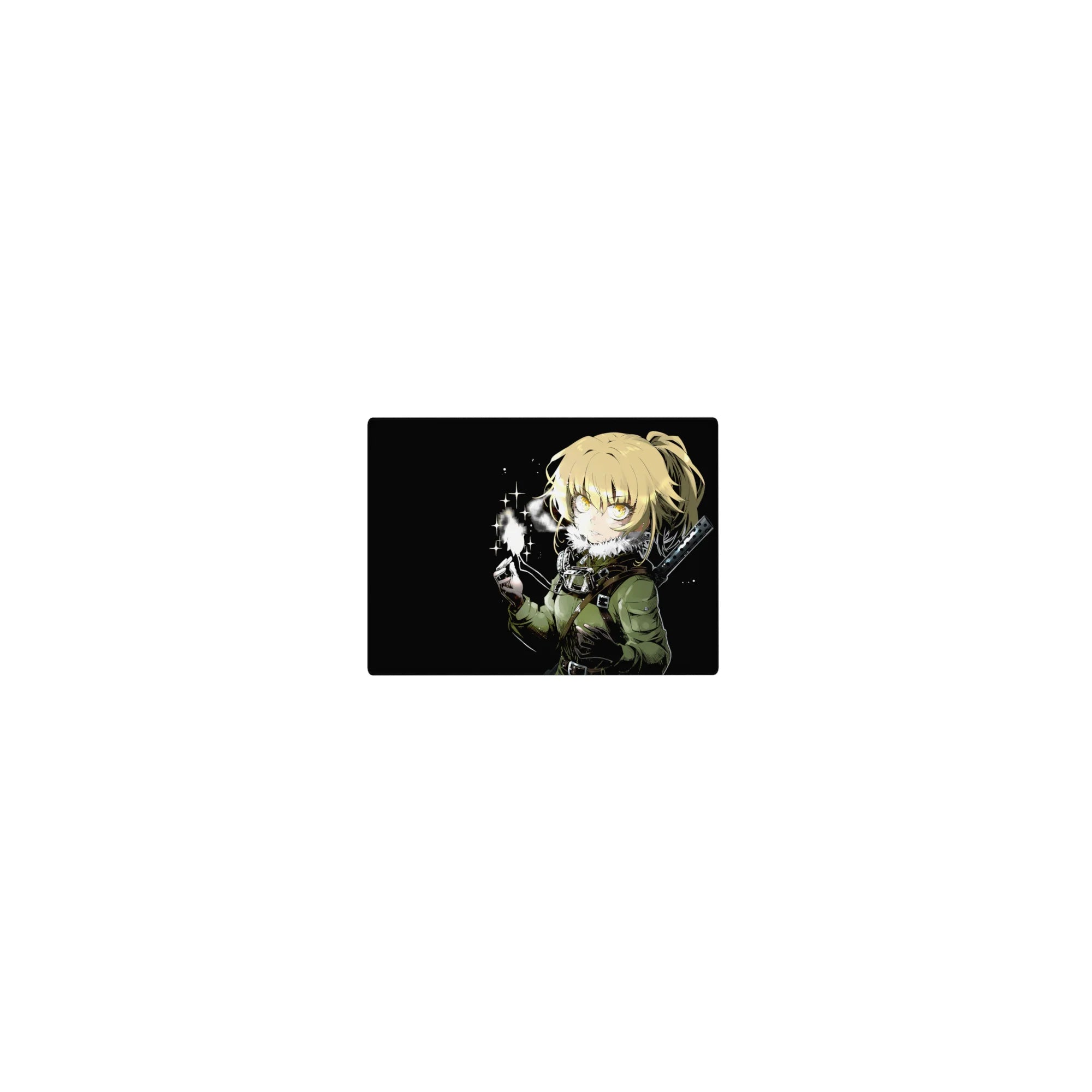 Classic anime girl mouse pad 14x10 inches with blonde fighter, olive jacket, sword hilt on black.
