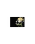 Classic anime girl mouse pad 14x10 inches with blonde fighter, olive jacket, sword hilt on black.