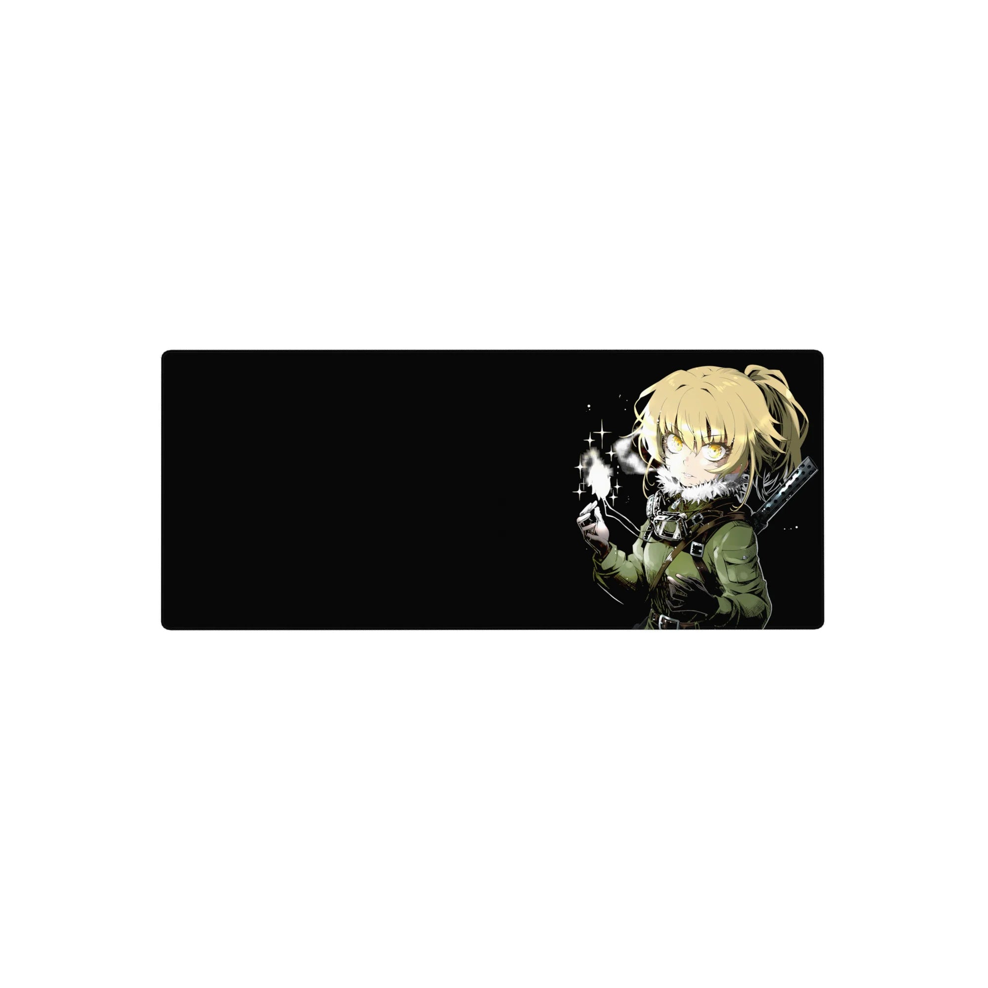 28x12 inches anime girl mouse pad with blonde fighter, olive jacket, sword hilt, and glowing spark on black.