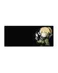 28x12 inches anime girl mouse pad with blonde fighter, olive jacket, sword hilt, and glowing spark on black.