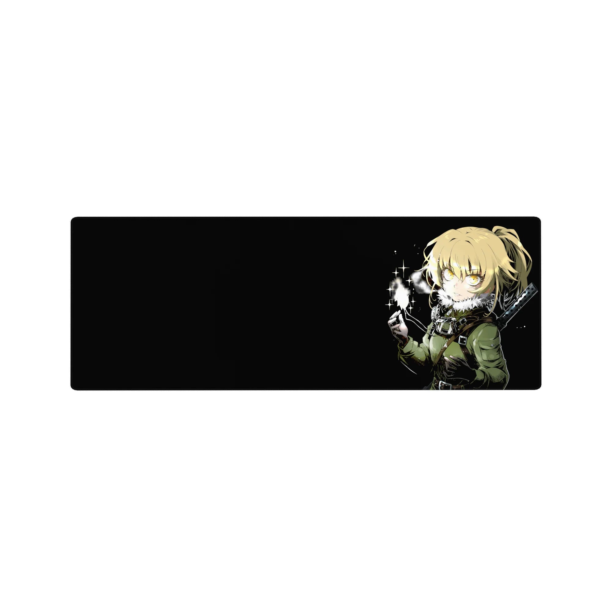 32x12 inches anime girl mouse pad with blonde fighter, olive jacket, sword hilt, and glowing spark on black.