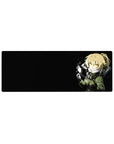 32x12 inches anime girl mouse pad with blonde fighter, olive jacket, sword hilt, and glowing spark on black.