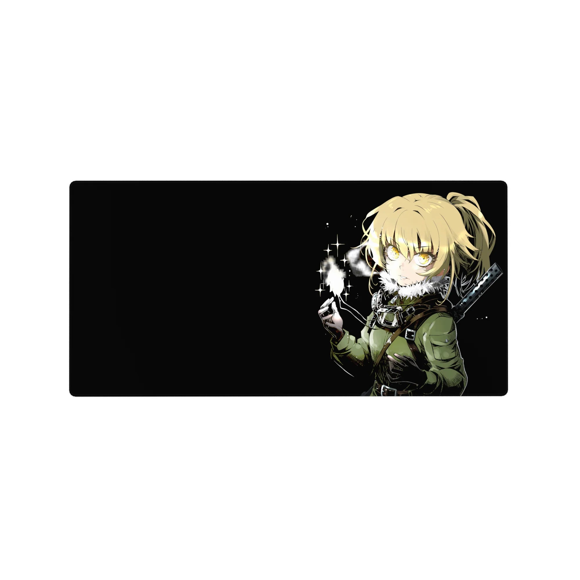 32x16 inches anime girl mouse pad with blonde fighter, olive jacket, sword hilt, spark on black.