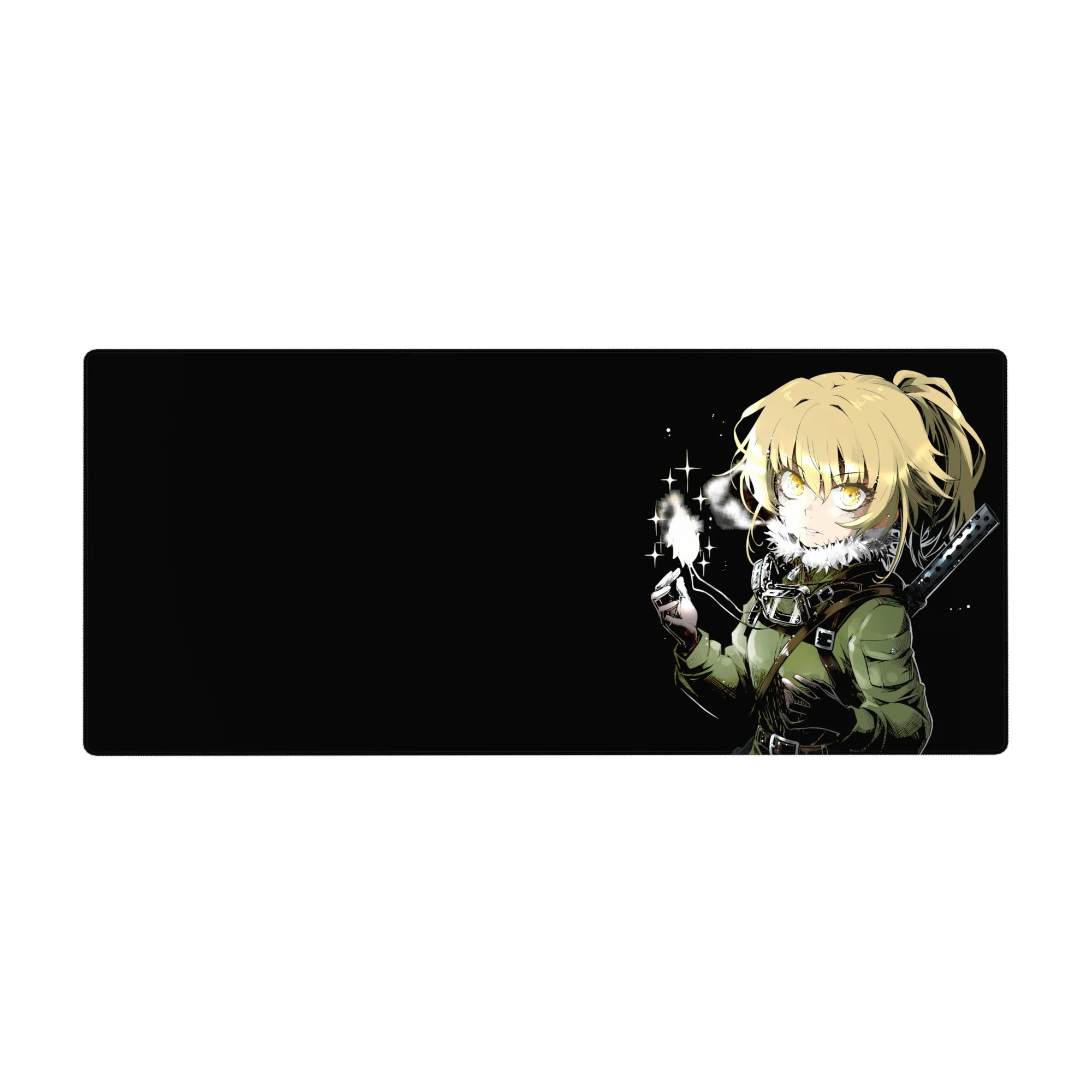 Anime girl desk pad 36x16 inches with blonde fighter, olive jacket, sword hilt, and spark on black.