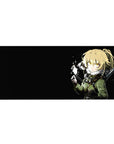 Anime girl desk pad 36x16 inches with blonde fighter, olive jacket, sword hilt, and spark on black.