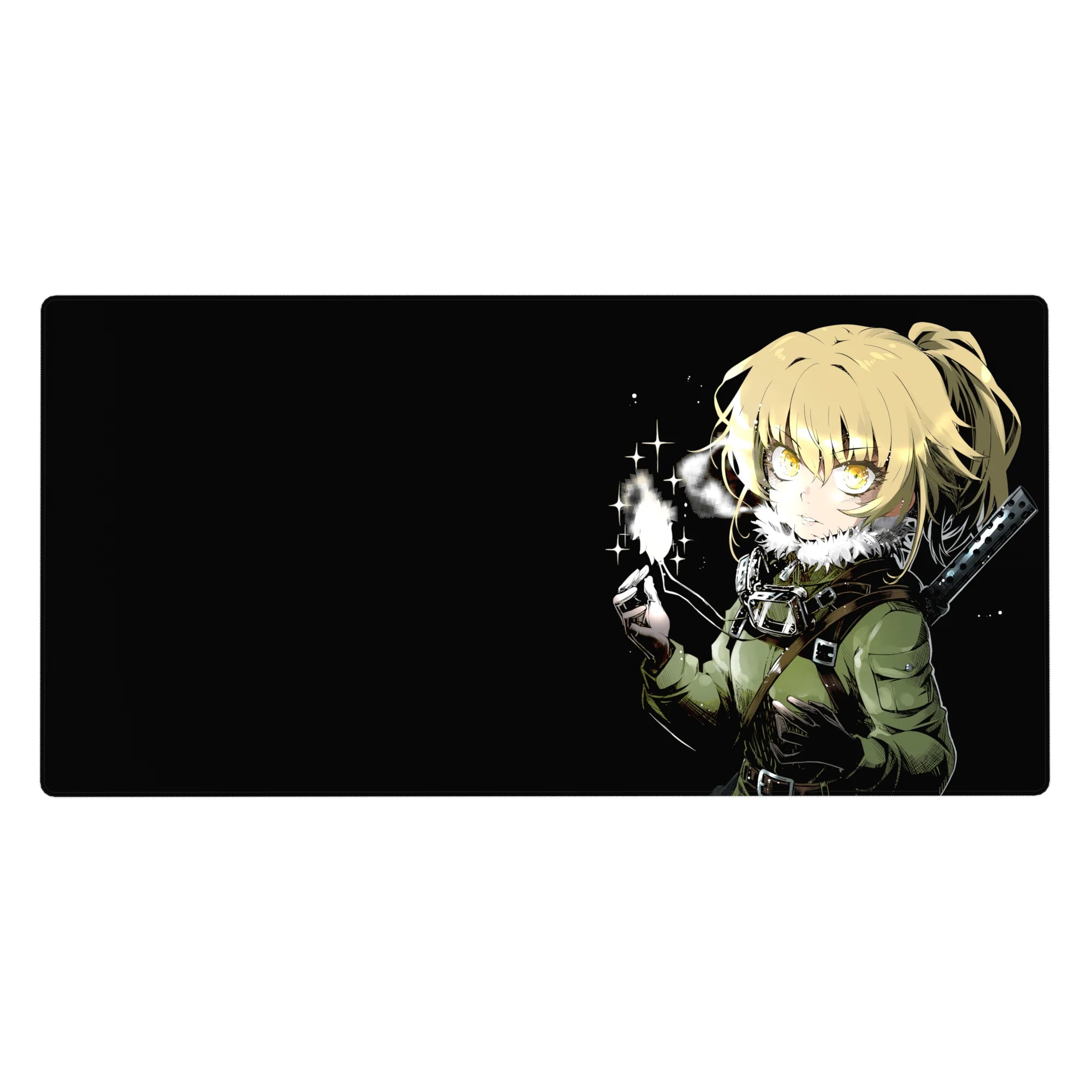 Anime girl desk pad 40x20 inches with blonde fighter, olive jacket, sword hilt, and glowing spark.