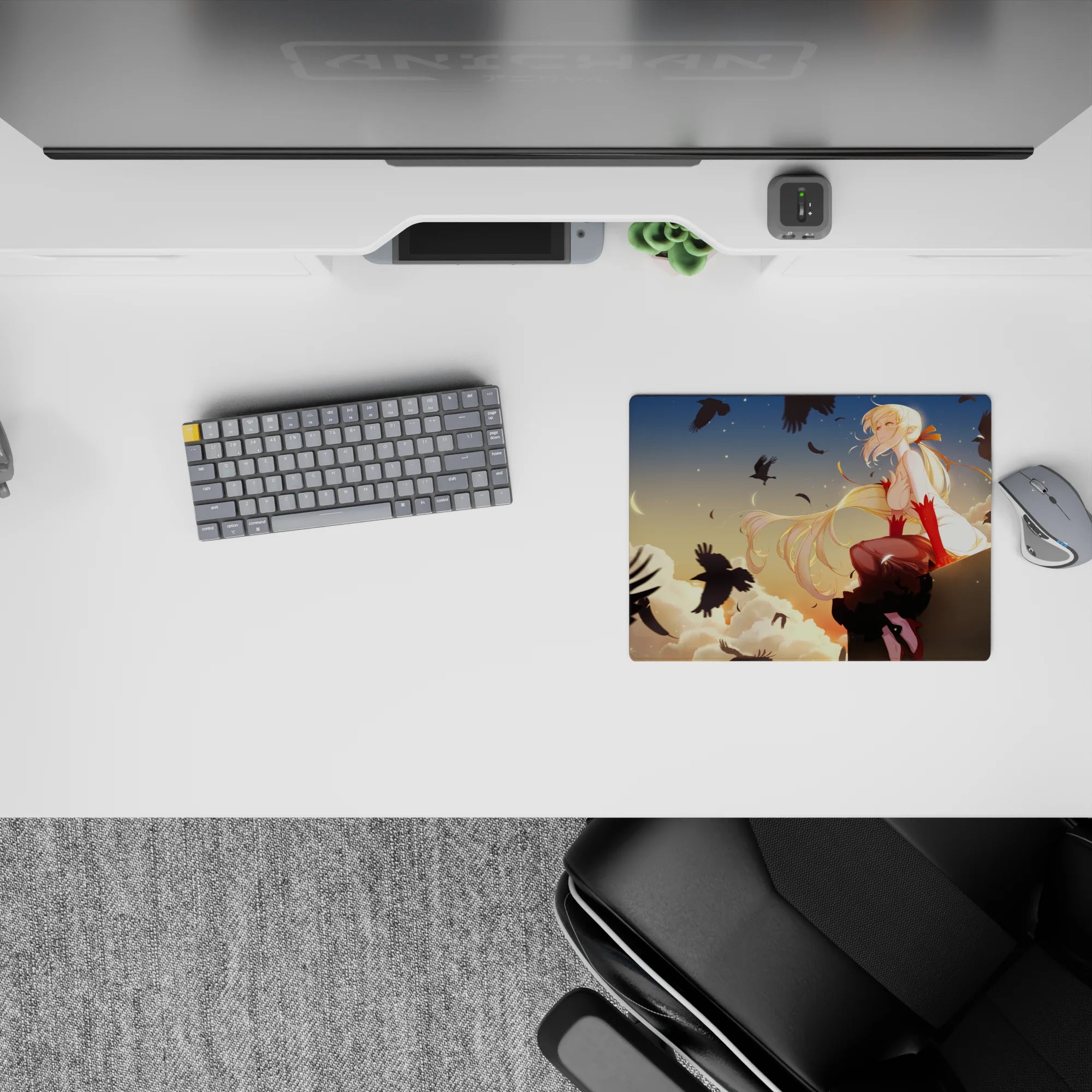 Warm peach sunset anime mouse pad 14x10 inches, calm lonely vibe with golden hair and crimson accents.