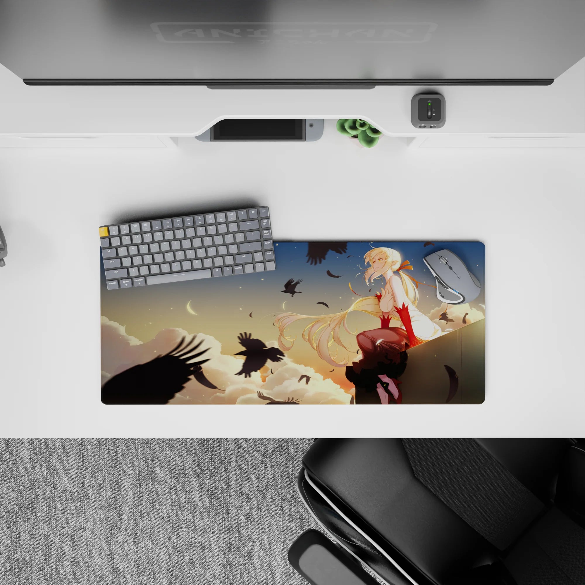 Anime girl mouse pad 28x12 inches in warm peach sunset tones, calm lonely vibe, golden hair and red gloves.