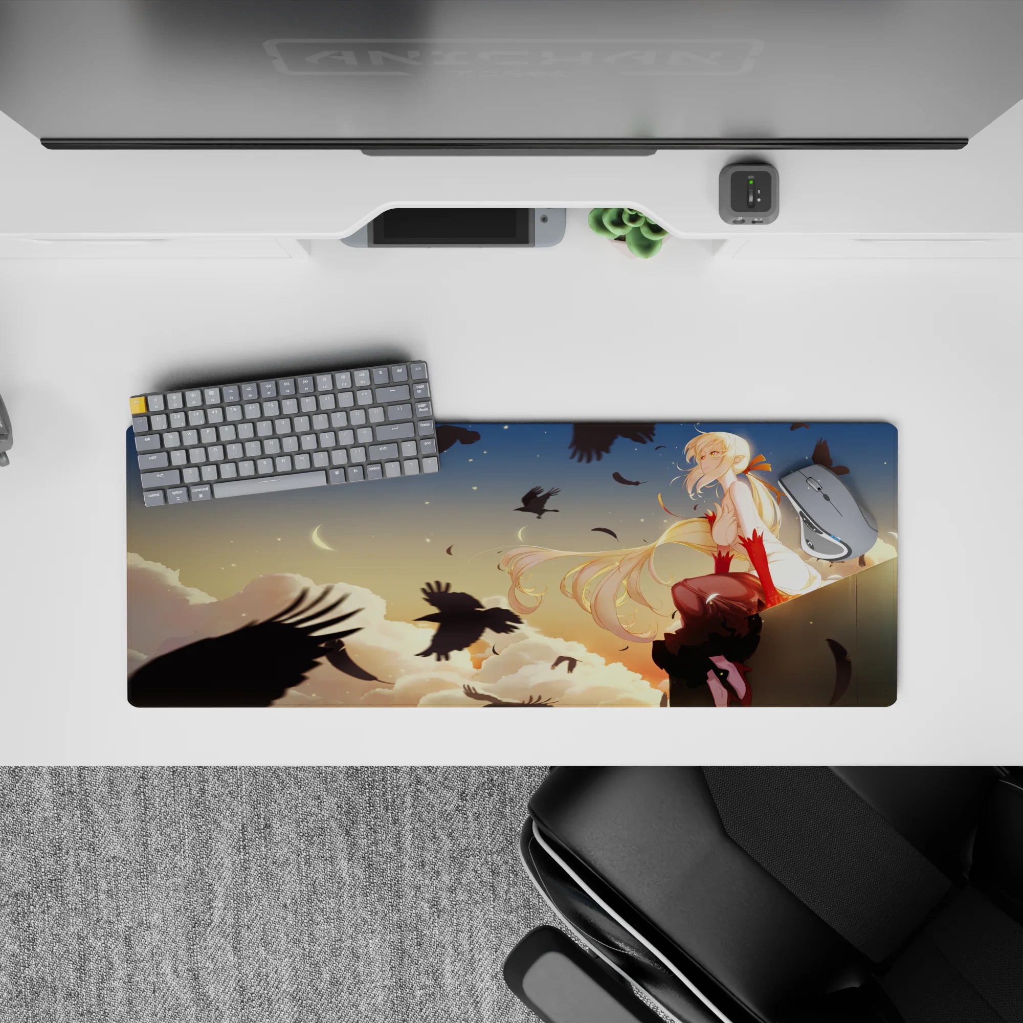 32x12 inches anime mouse pad in warm peach sunset tones, calm lonely vibe, blonde girl with red gloves.