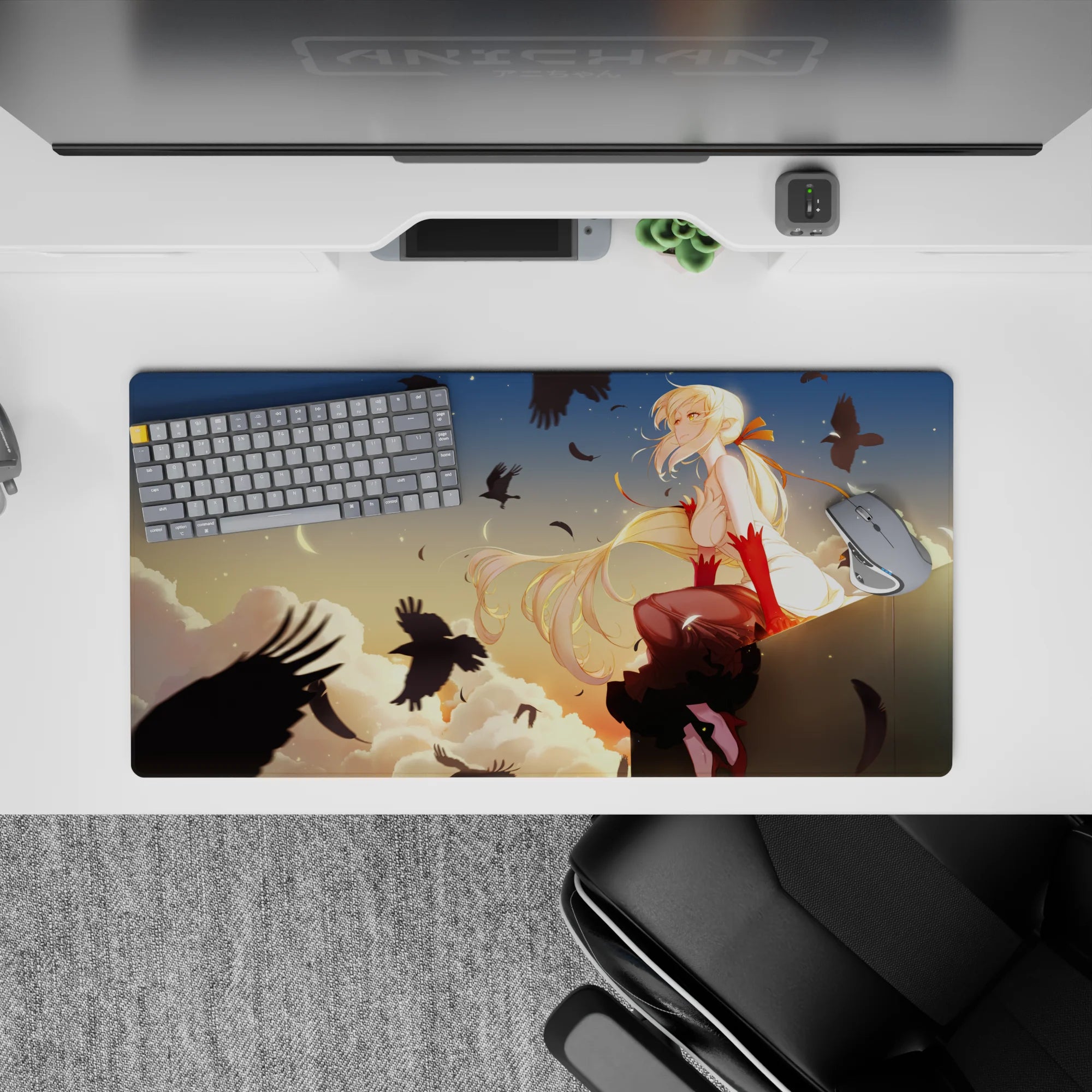32x16 inches anime desk mat in warm peach sunset tones, calm lonely vibe, golden hair and red gloves.