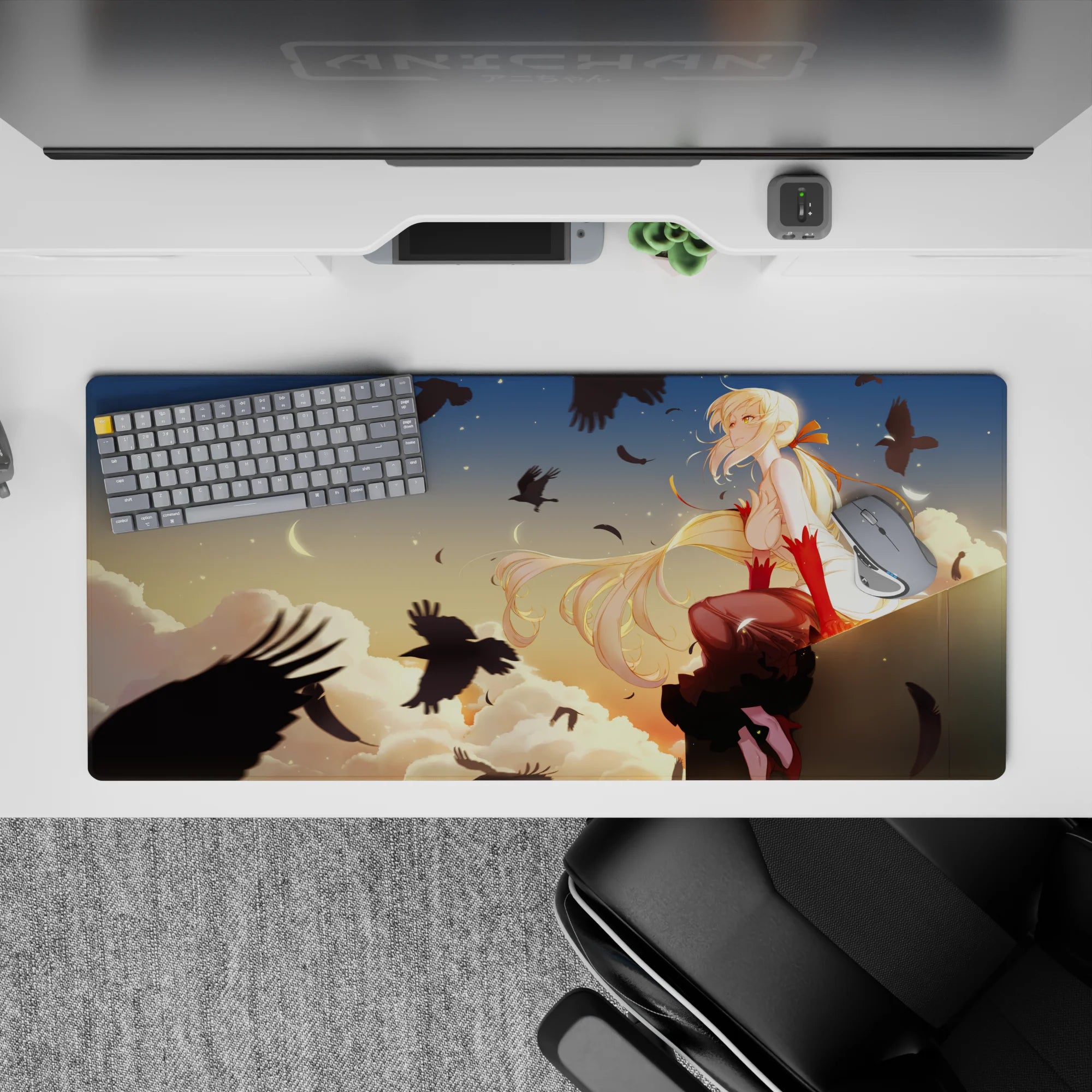 Calm peach-and-gold anime desk pad 36x16 inches, soft clouds and moonlit sunset for cozy gaming.