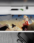 Calm peach-and-gold anime desk pad 36x16 inches, soft clouds and moonlit sunset for cozy gaming.