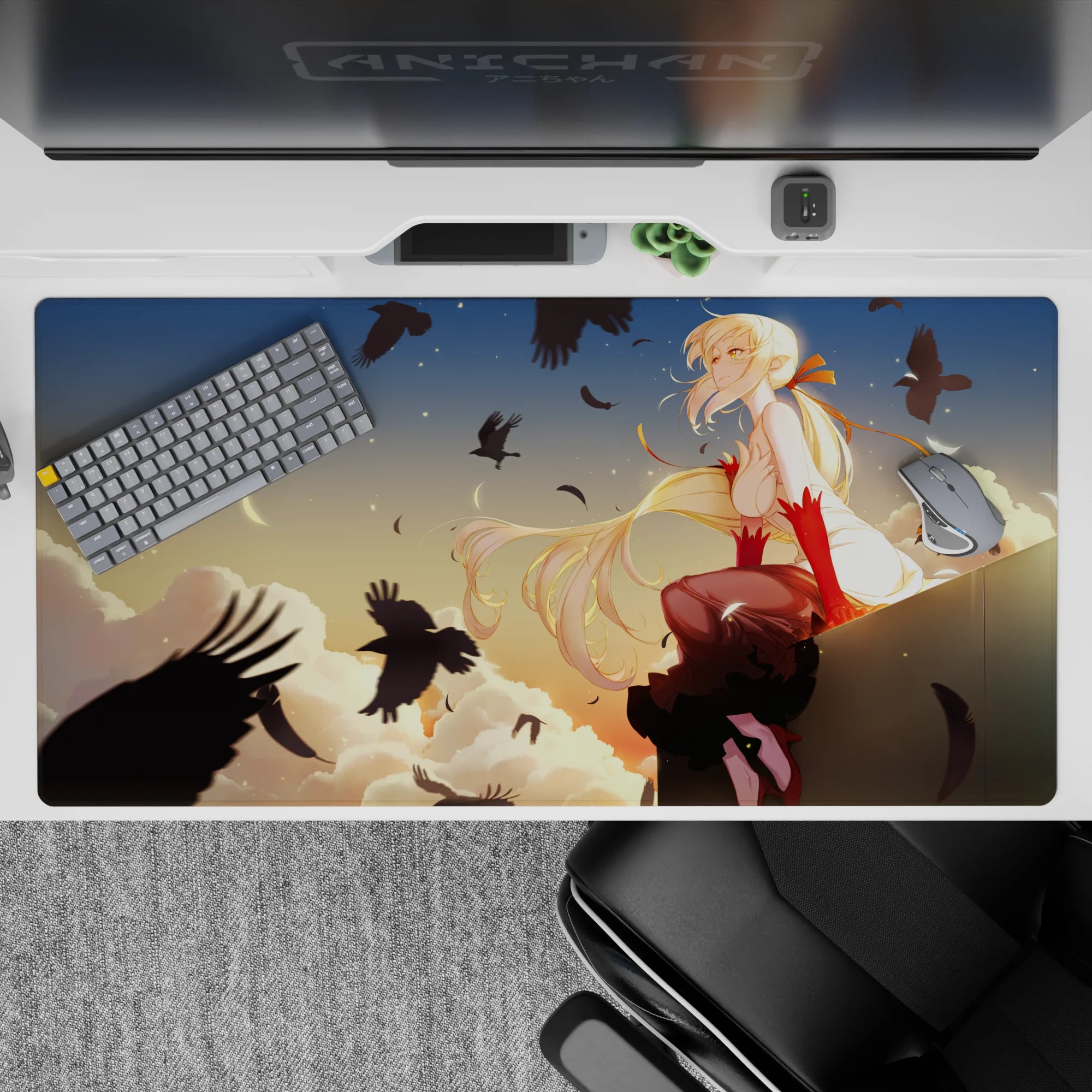 Cozy 40x20 inches anime desk pad in warm peach sunset tones, soft clouds, and calm lonely vibe.