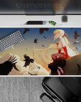 Cozy 40x20 inches anime desk pad in warm peach sunset tones, soft clouds, and calm lonely vibe.
