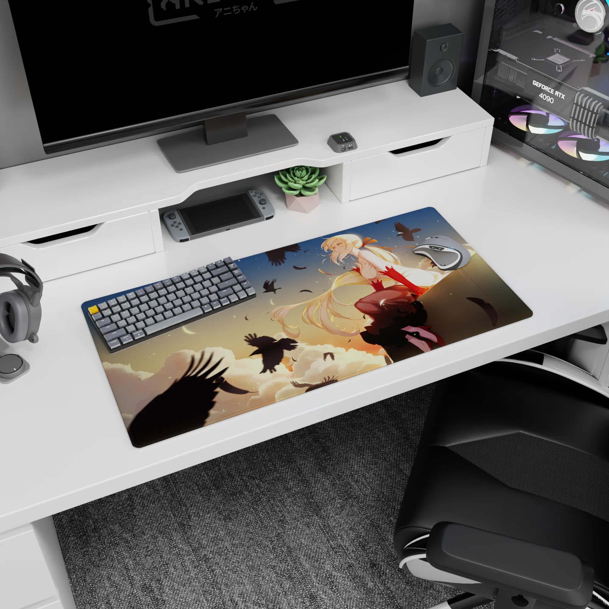 32x16 inches anime girl mouse pad showing a blonde heroine on a ledge under a pale moon as crows fly.